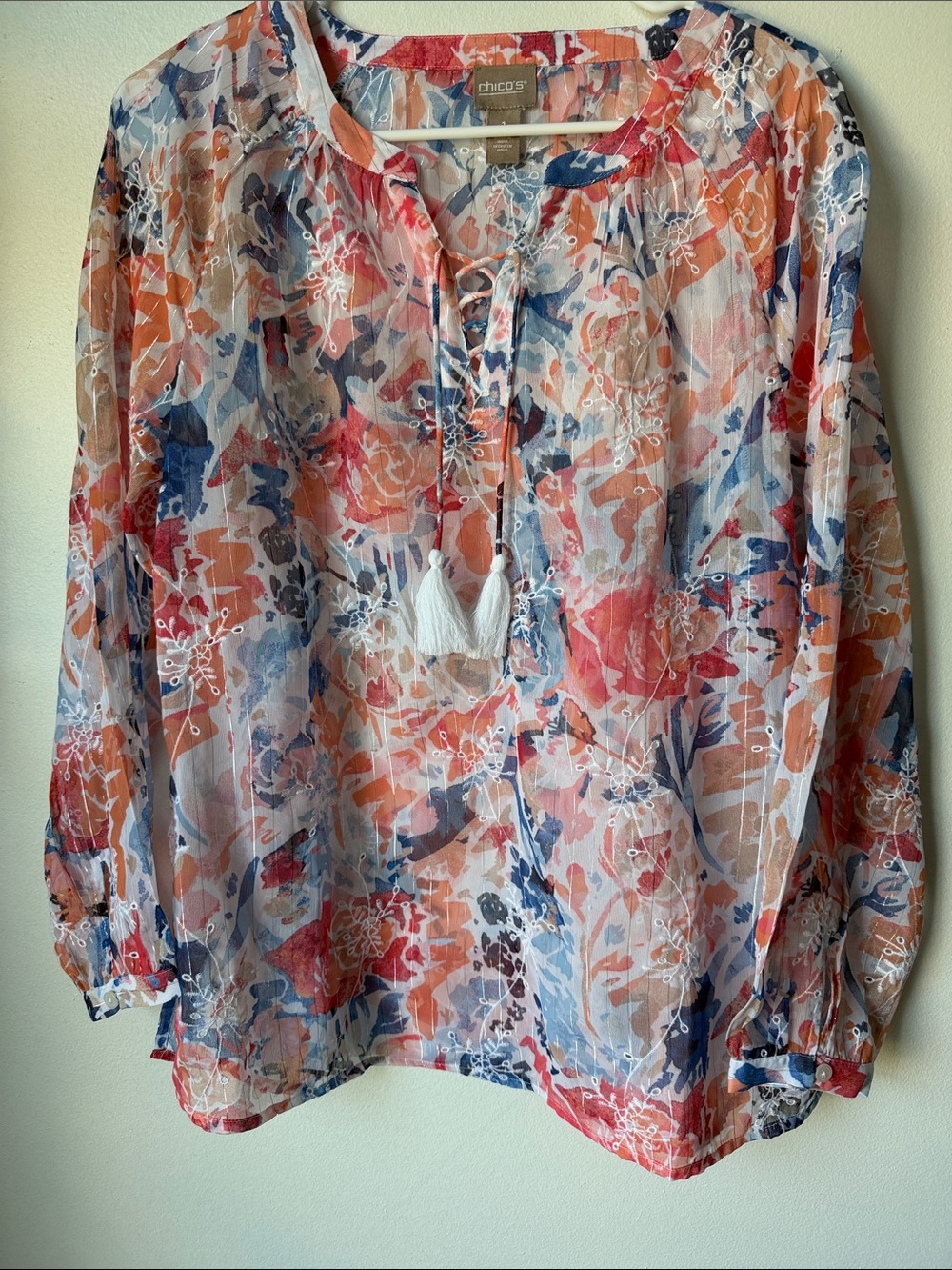 Chico's Watercolor Floral Tie-Front Peasant Top in Coral, Navy & Blush Size 0